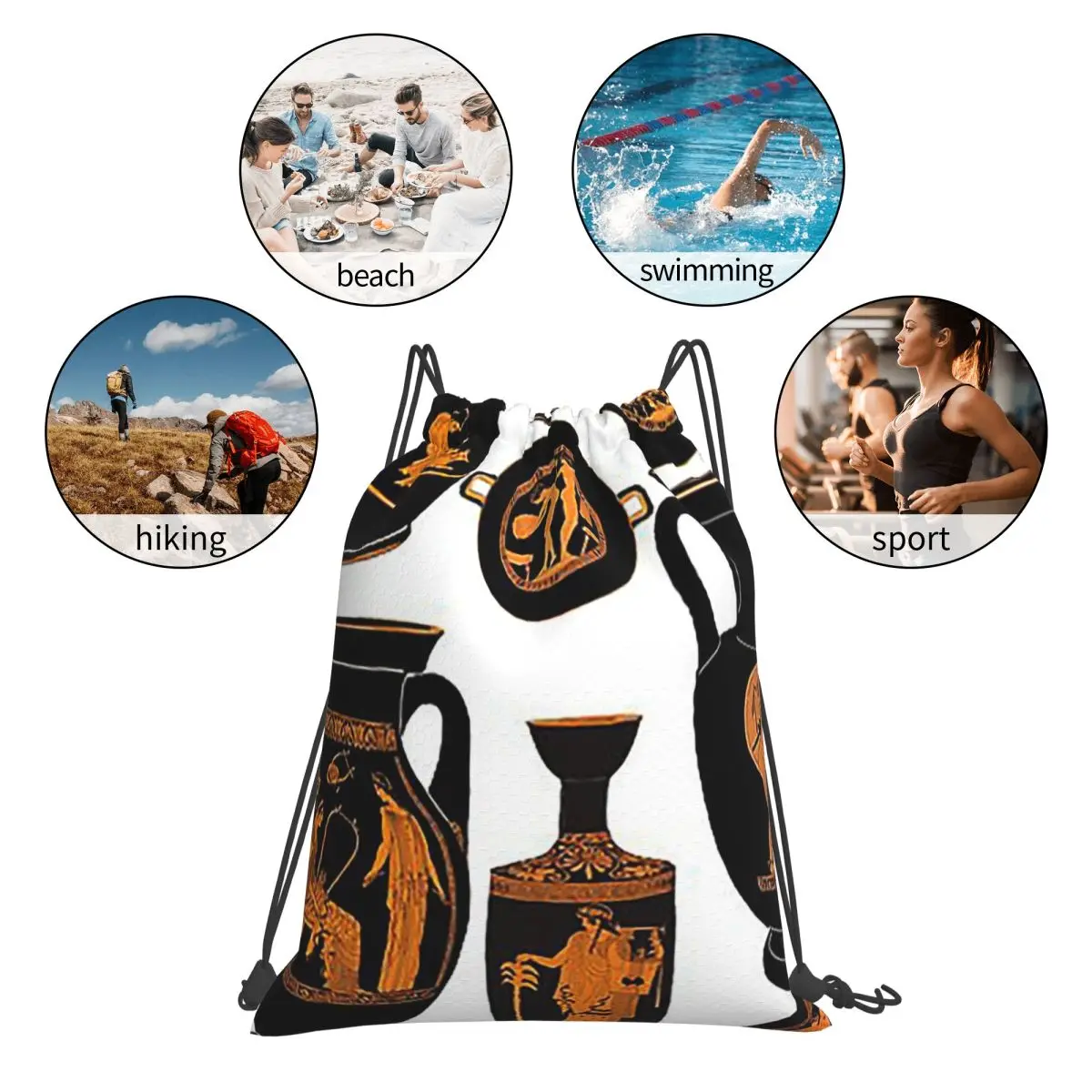 Red Figure Pottery Backpacks Fashion Portable Drawstring Bags Sports Bag Book Bags For Travel School