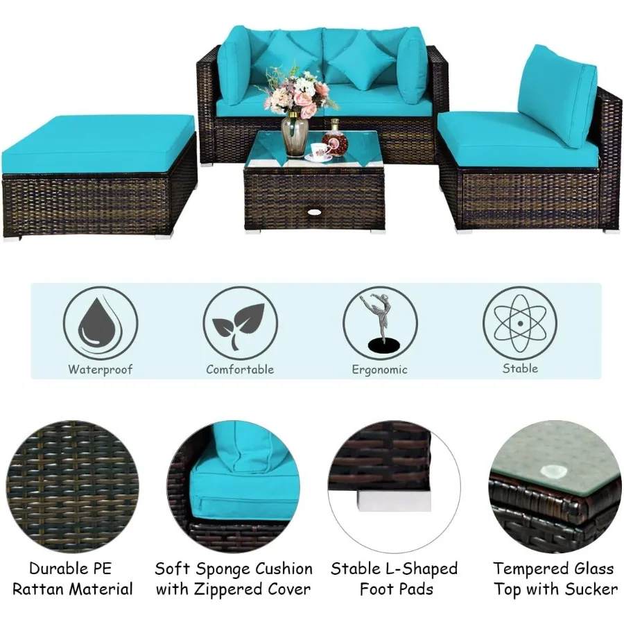 Tangkula 5 قطعة مجموعة اثاث الفناء الروطان في الهواء الطلق الاقسام طقم أريكة الروطان مع وسائد المقعد الخلفي مجموعة المحادثة ث