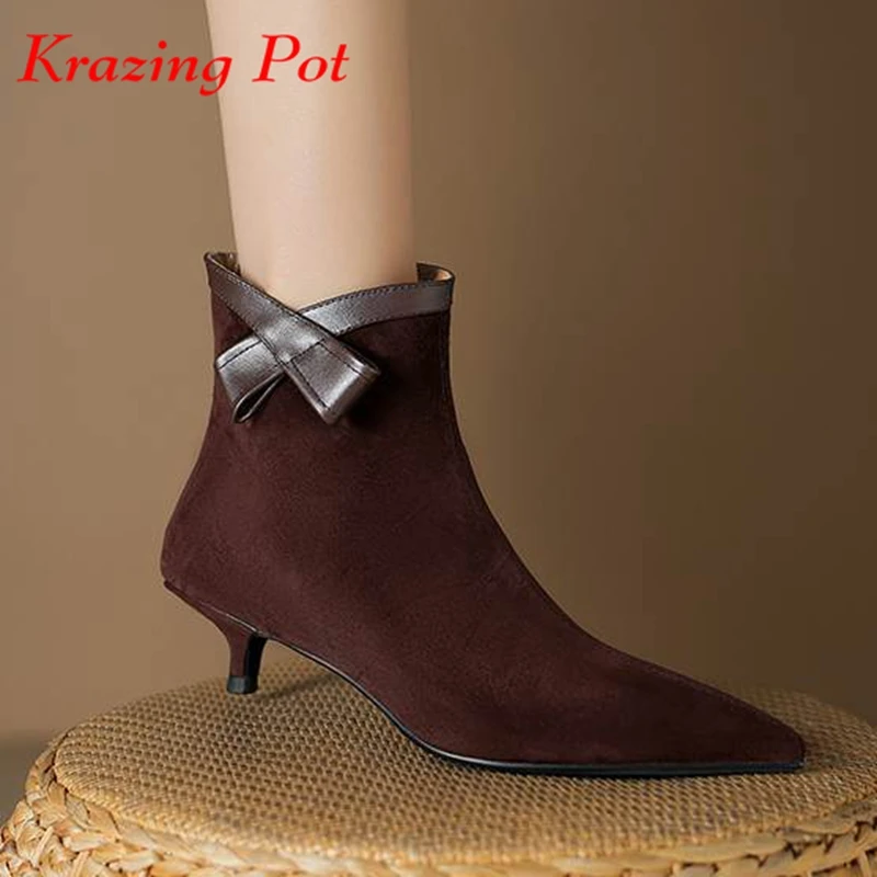 

Krazing Pot Kid Suede Pointed Toe Winter Warm Fashion Boots Med Thin Heels Butterfly-knot Korean Girl Dance Party Ankle Boots