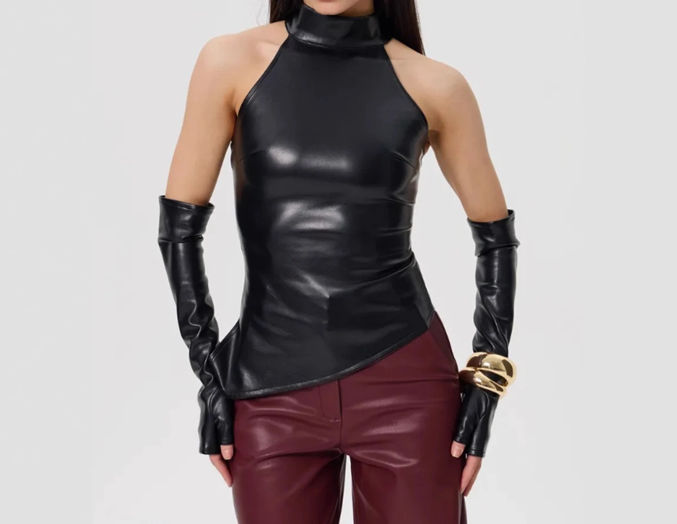 

Women's Standing Collar Off Shoulder Cinched Waist Irregular Women's Top Vest Sleeve Jacket Top