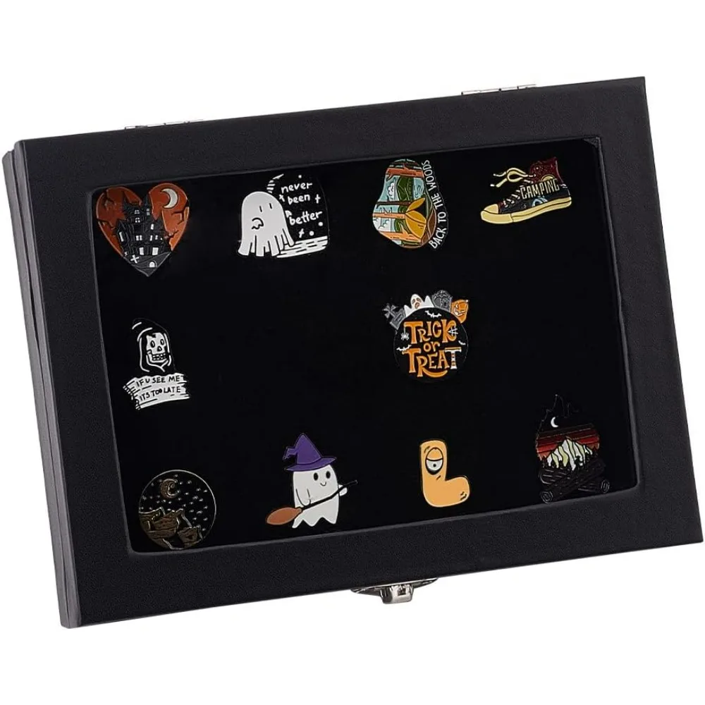 Schwarze Samt-Pin-Abzeichen-Vitrine, Ring-Aufbewahrungsbox, große Schmuck-Display-Box mit klarem Fensterschatten, rechteckiger Box-Rahmen