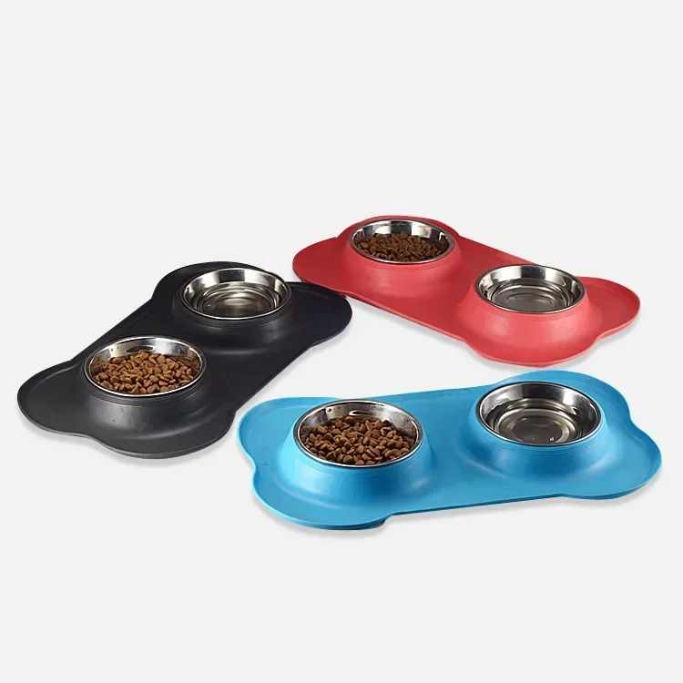 

Pet Feeding Drinking Water Food Feeder Antislip Double Dog Bowl with Silicone Mat Resistant Stainless Steel No Spill