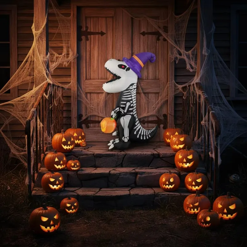 2.4M Halloween Inflatable Skull Dinosaur with Magic Hat Carrying Glowing Pumpkin Air Model Outdoor Garden Decoration