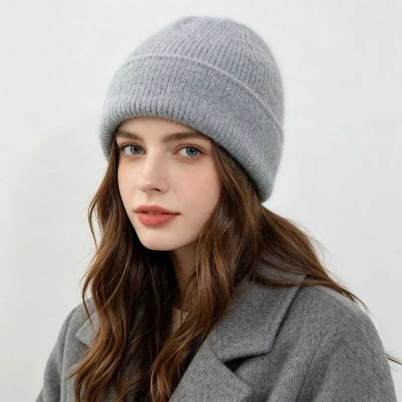 Ladies Furry Knitted Beanie Hat Stretchy Warm Skullcap Multi‑Solid‑Color Headgear for Cold Weather Daily Travel Outdoor Outfit