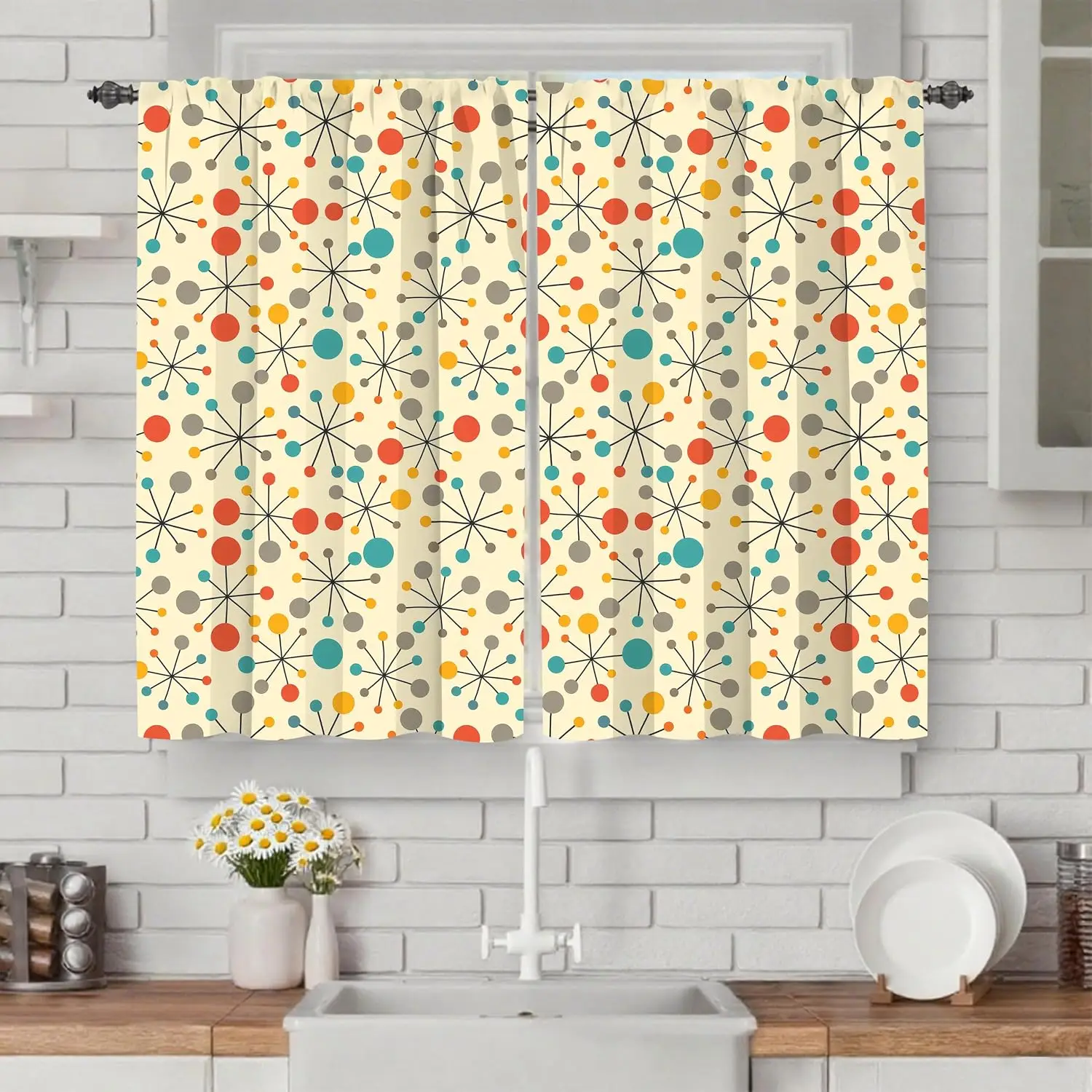 Modern Geometric Abstract Dot Pattern Window Curtains 2pcs Pair Multi Color Funky Boho Curtain Living Room Bedroom Decor