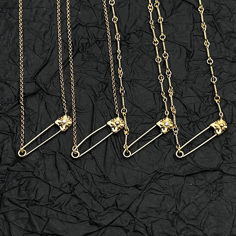 

S925 sterling silver gold diamond-encrusted pin necklace European and American men and women niche personality