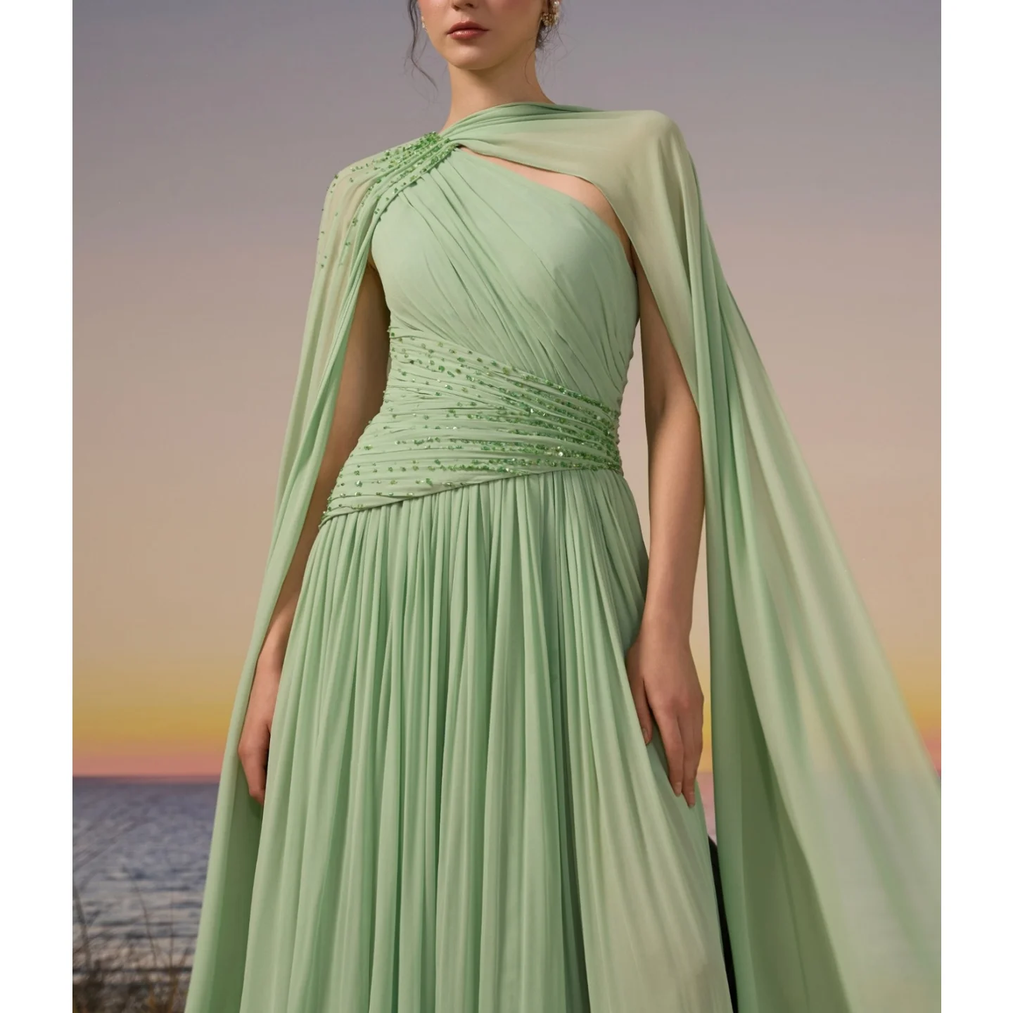 

Green Satin Prom Dresses Evening Dress Ruffled Shoulder Ball Gown Floor Length Formal Wedding Gala Gown 2026 New Arrival