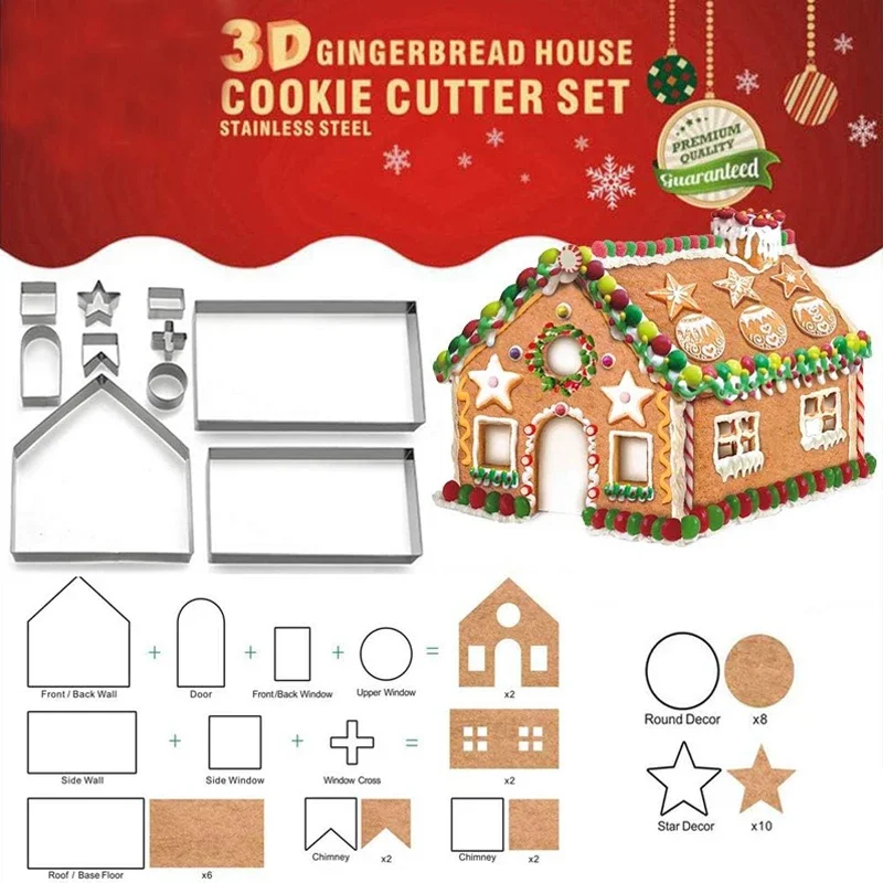 

10pcs Gingerbread House Cookie Cutter Set Stainless Steel 3D Christmas House Fondant Biscuit Chocolate Mould Baking Accessories