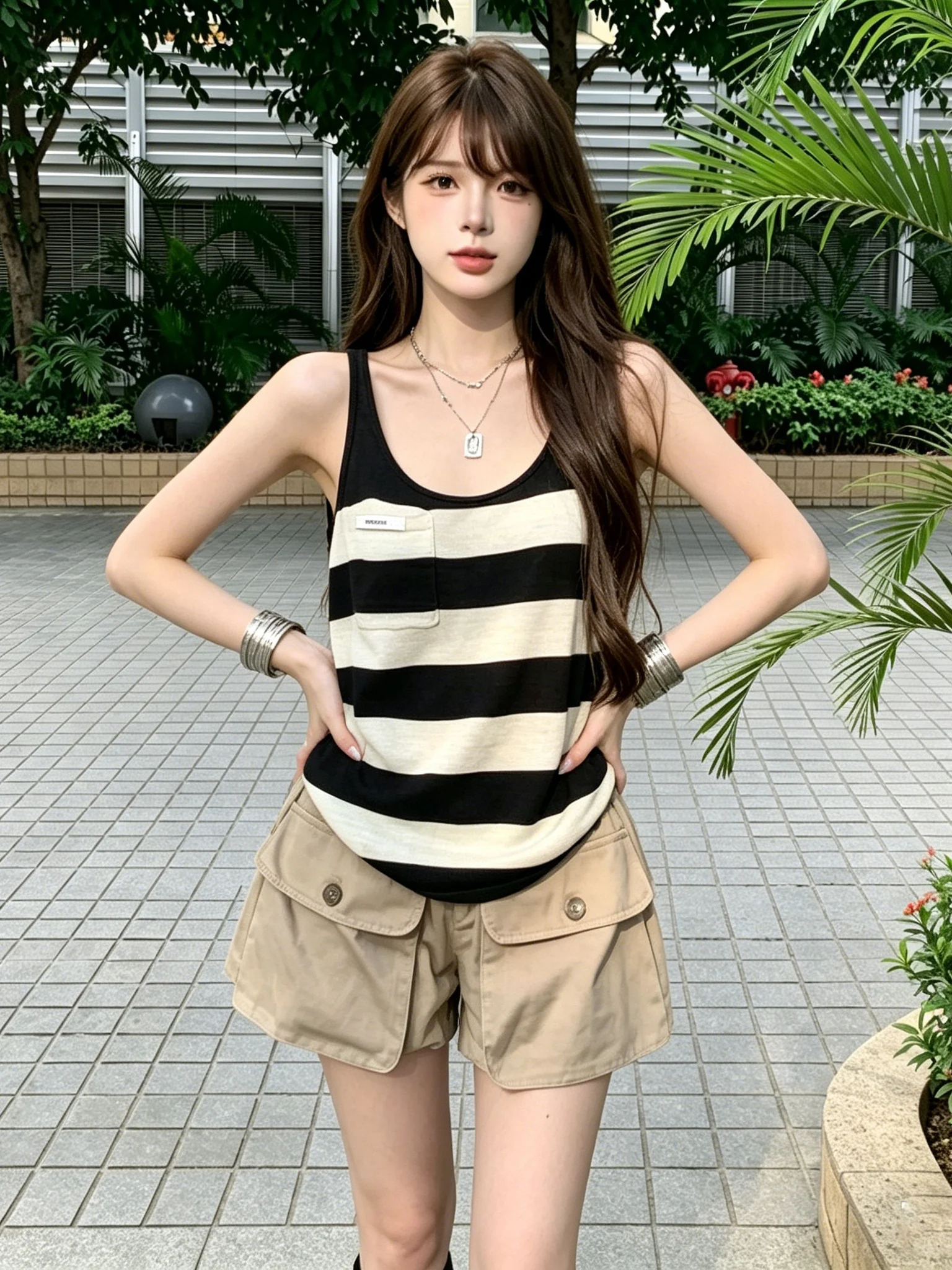 

Casual Striped Vest And Khaki Workwear Shorts Slimming Two-Piece Set for Women Fashionable Commute Korean Style Summer Outfit