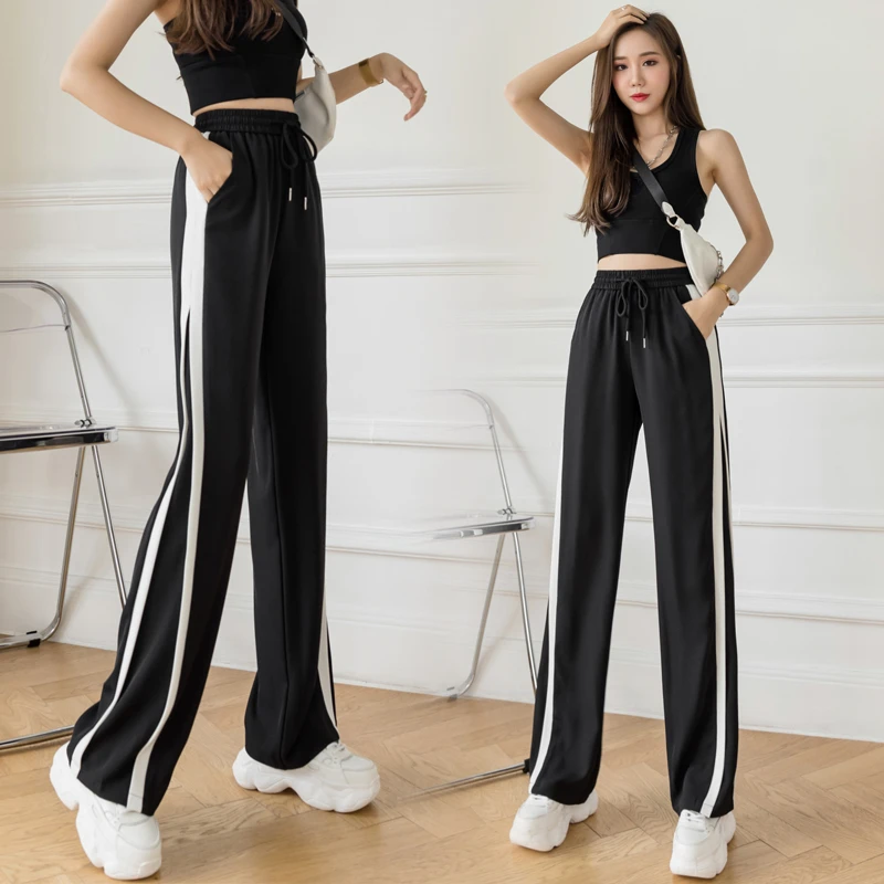 

Casual Elastic High Waist Pants Women 2022 Summer Fashion Side Striped Wide-leg Pants Female Black All-match Loose Trousers