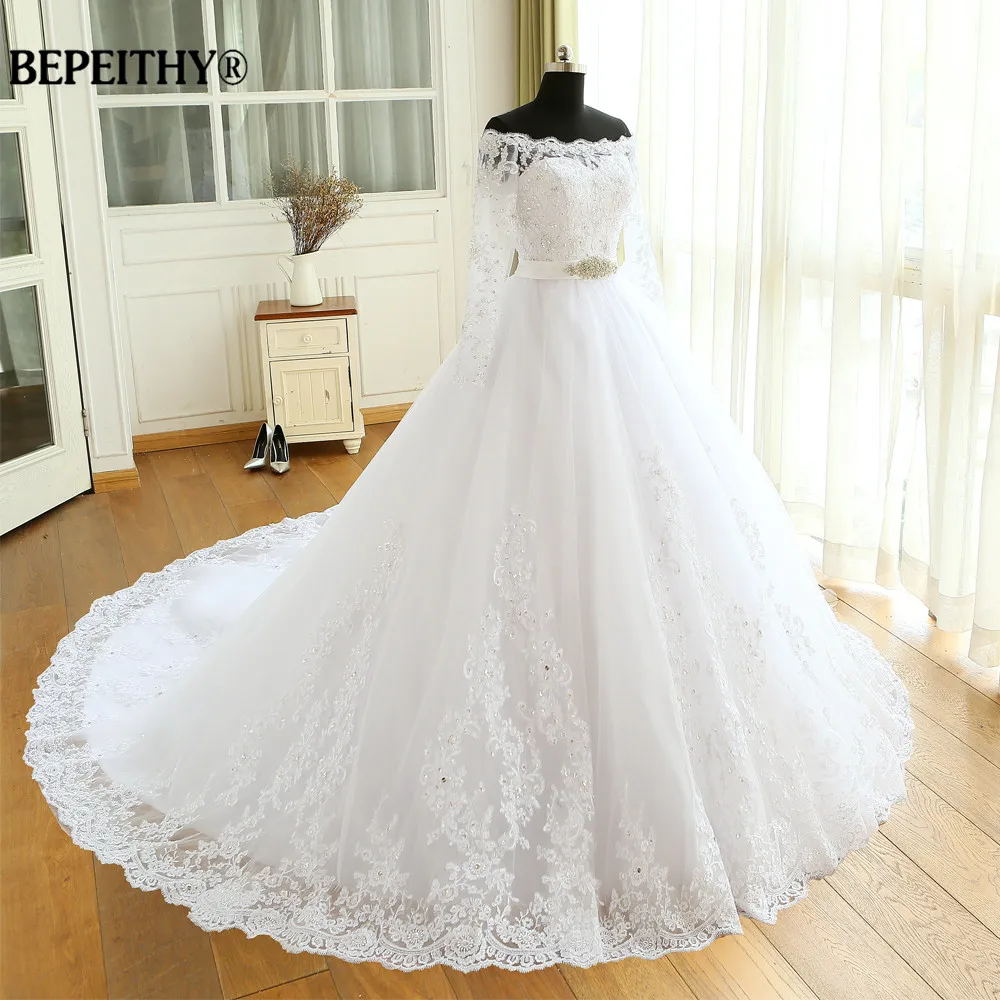 Đầm Vestido De Novia Đế Quốc Áo Cưới Nhà Nguyện Đoàn Tàu Tay Dài Lệch Vai Tùy Chỉnh Giá Rẻ Cô Dâu Đầm Áo Dài Cô Dâu