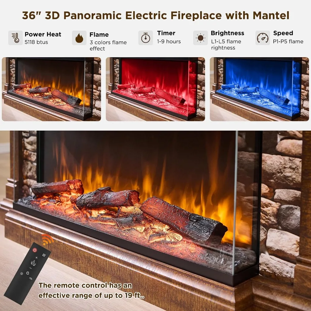 3-Sided Glass Fireplace TV Stand for 65