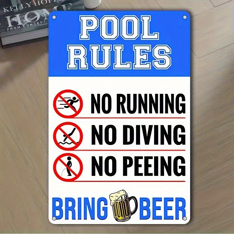 Letrero de estaño de hierro Vintage, reglas de piscina, sin correr, sin bucear, sin orinar, arte de pared humorístico, letrero de Metal rústico para exteriores e interiores