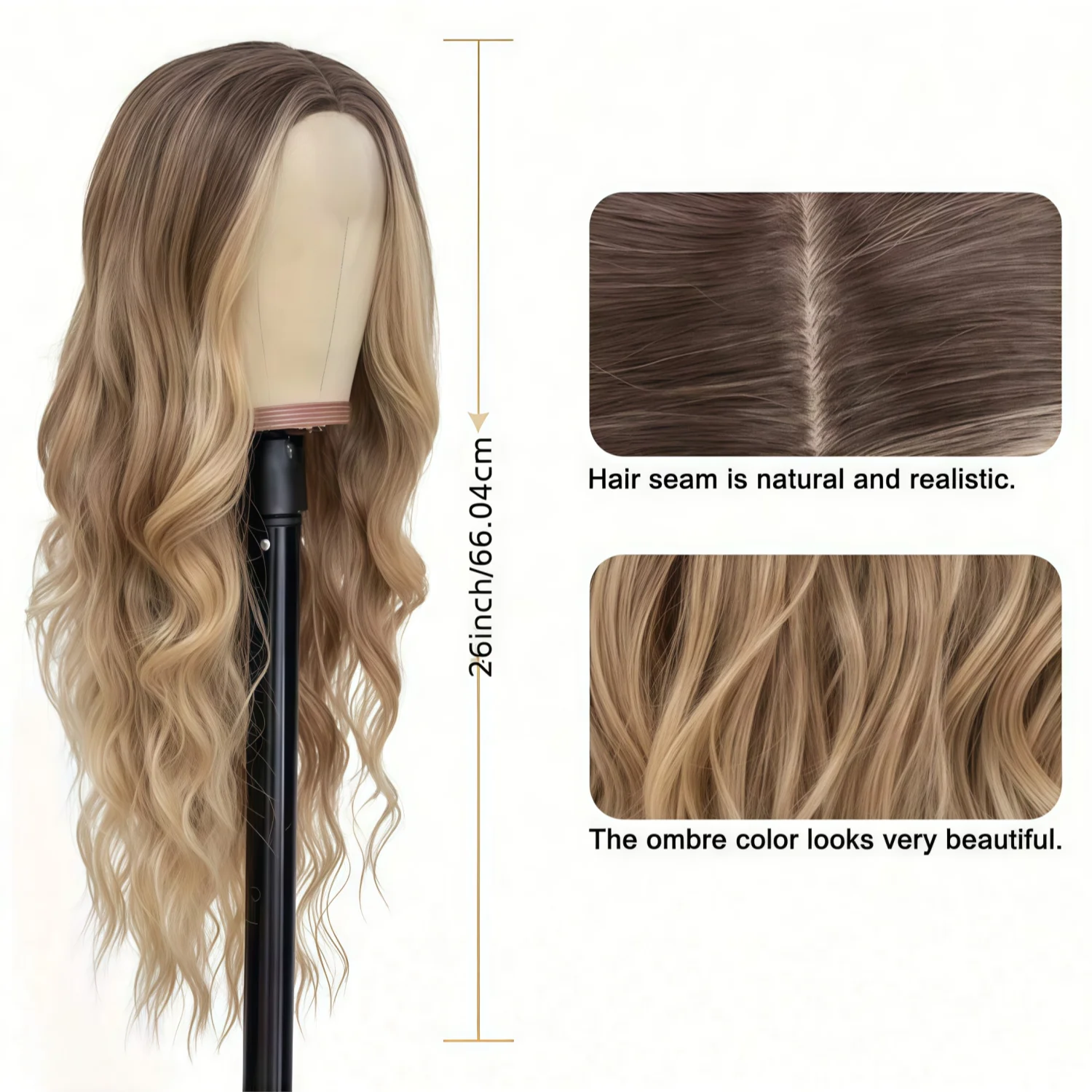 Fashionable gradient brown gold high gloss wig -66cm long loose wavy  wig, heat-resistant synthetic fiber,Carnival image 2