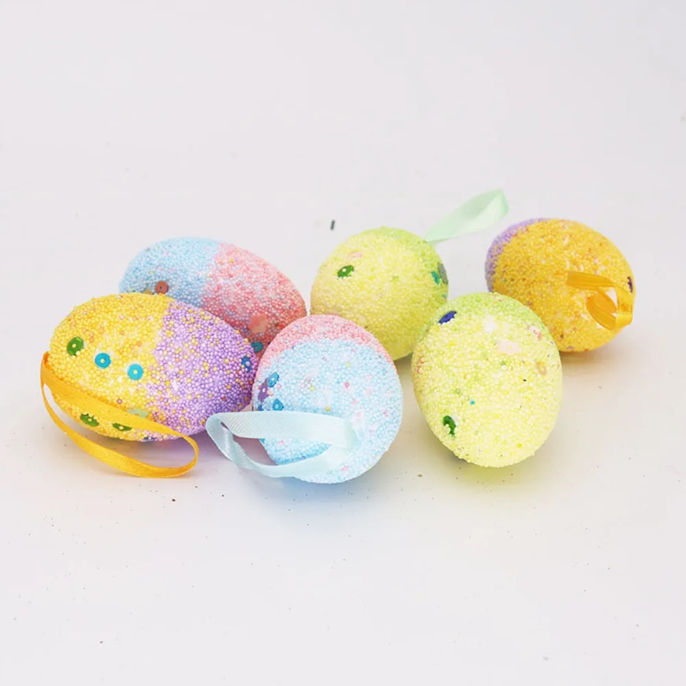 6pcs Colorful Easter Painting Eggs Crafts Shining with Sequins Foam Easter Egg Party Decoration Holiday Decorative Eggs Kids