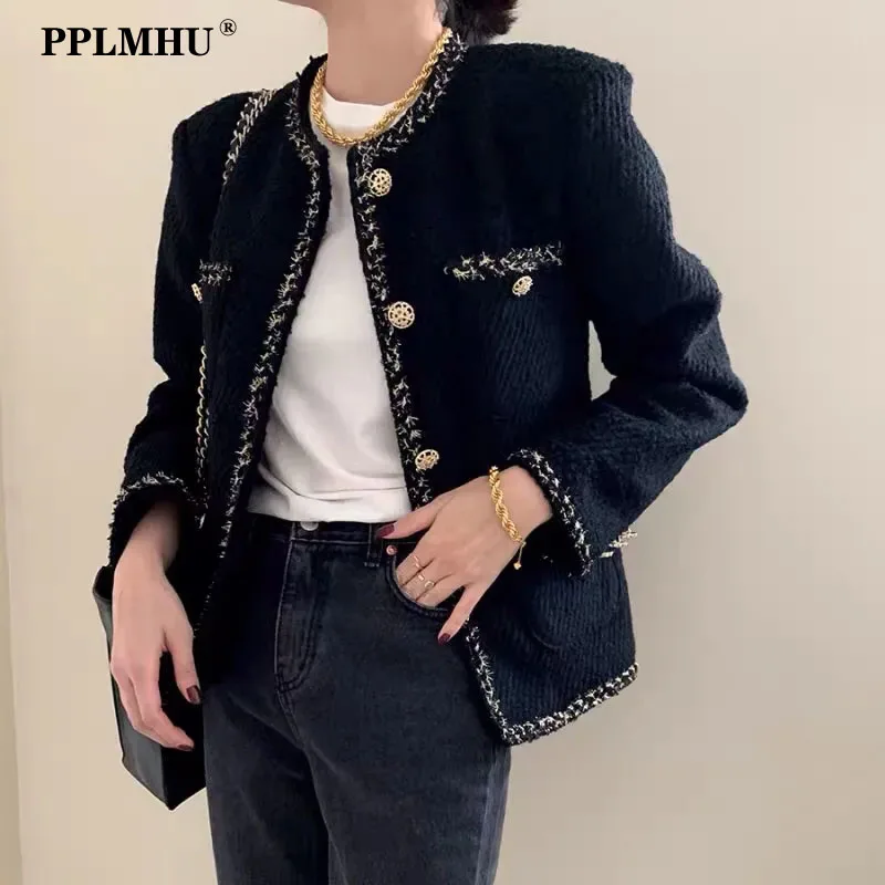 

Black Vintage Fringe Tweed Jacket Women Elegant Fashion Single Breasted Luxury Designer Coat 2022 Spring Casual Loose chaquetas