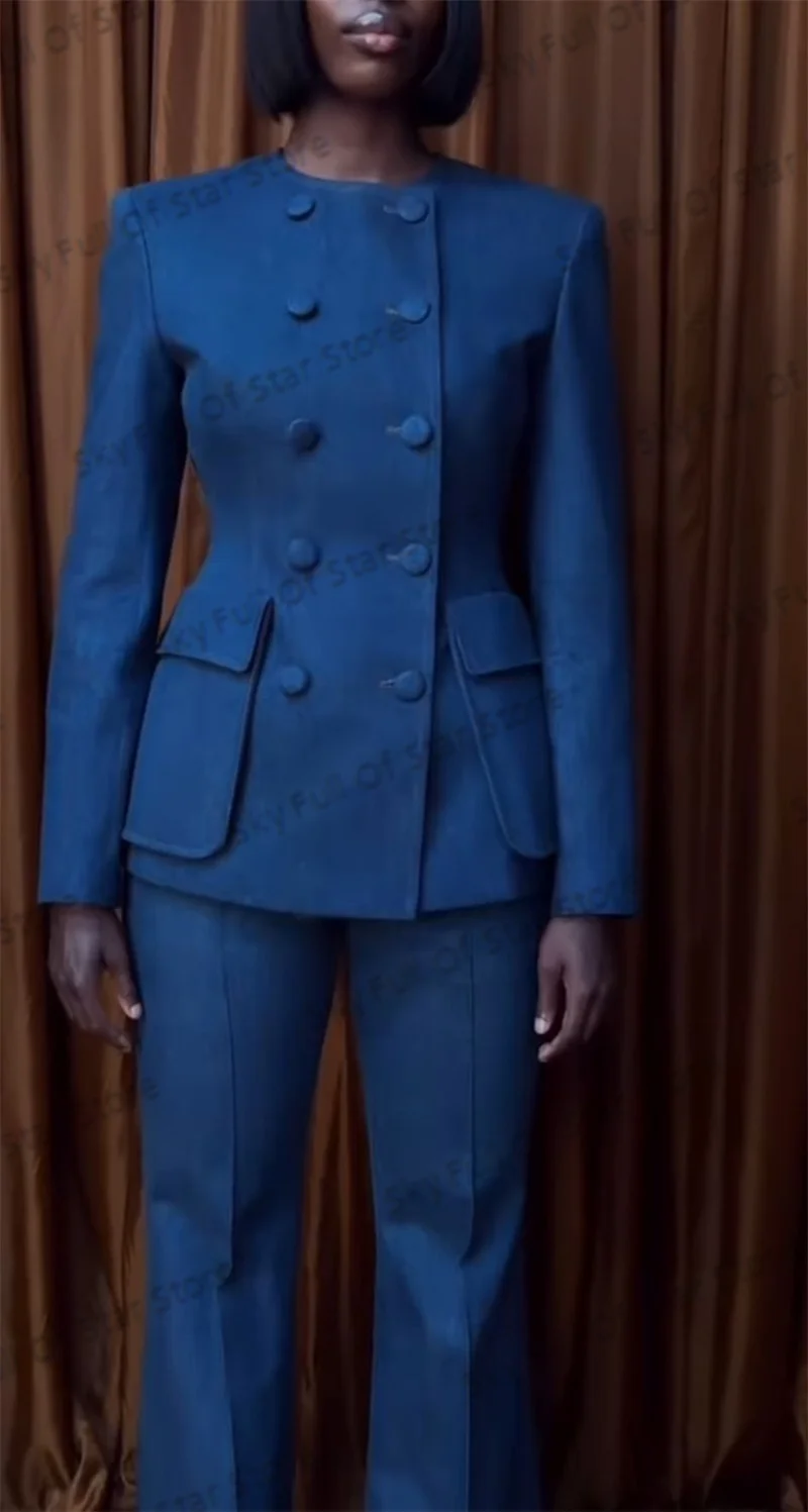 Denim Blue Women Suit Set Customized 2 Pcs Blazer+Flare Pants Trousers Double Breasted Formal Office Jacket Wedding Prom Coat