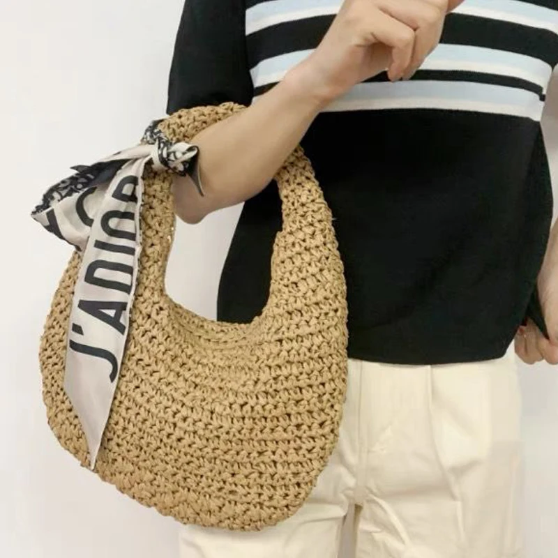 Straw Bags For Women Luxury Designer Handbags And Purses 2024 New In Casual Vacation Summer Beach Handmade Weave Wrist Half Moon