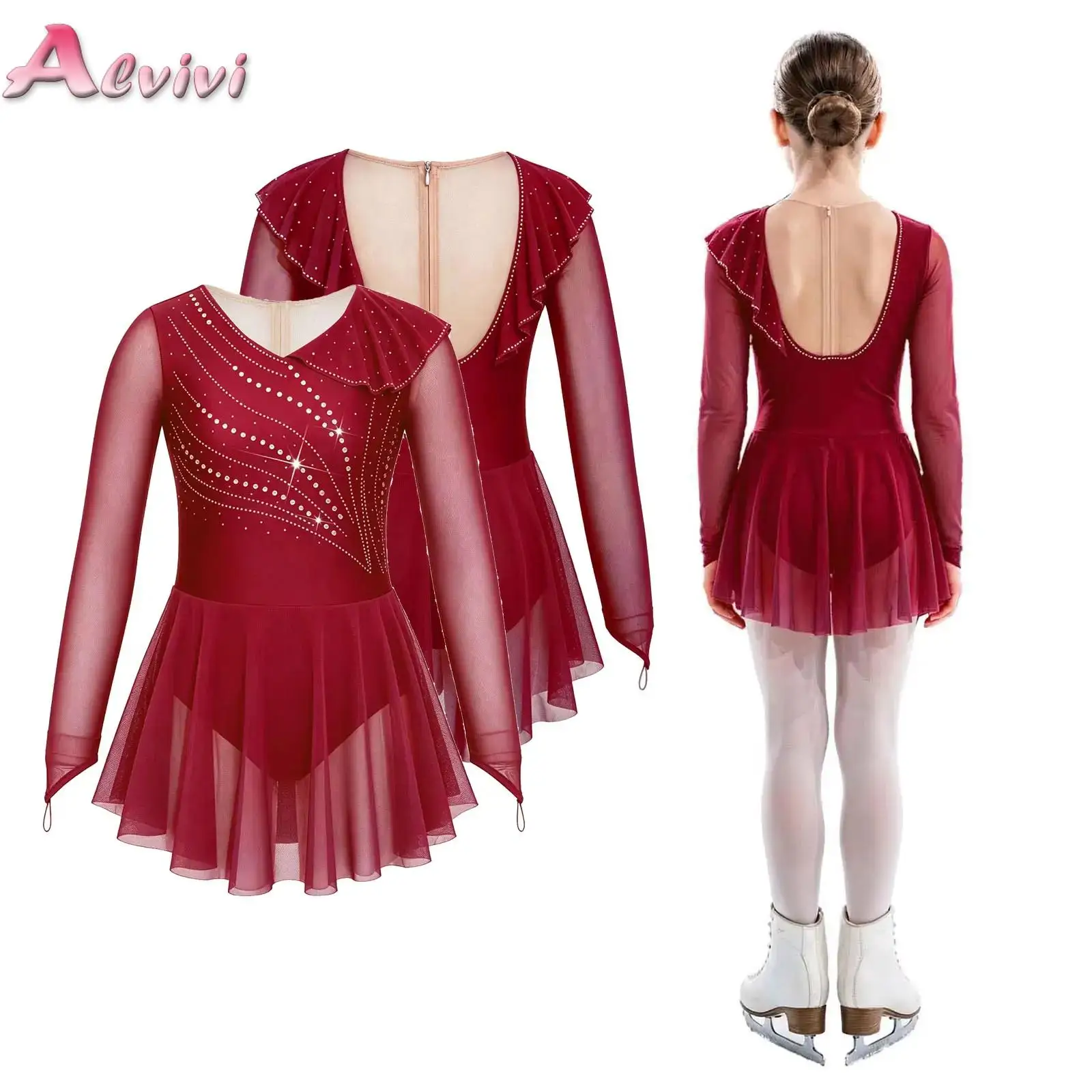 Kids Girls Figure Skating Dance Competition Costume Long Sleeves Finger Holes Shiny Rhinestone Mesh Dress with Built-in Briefs