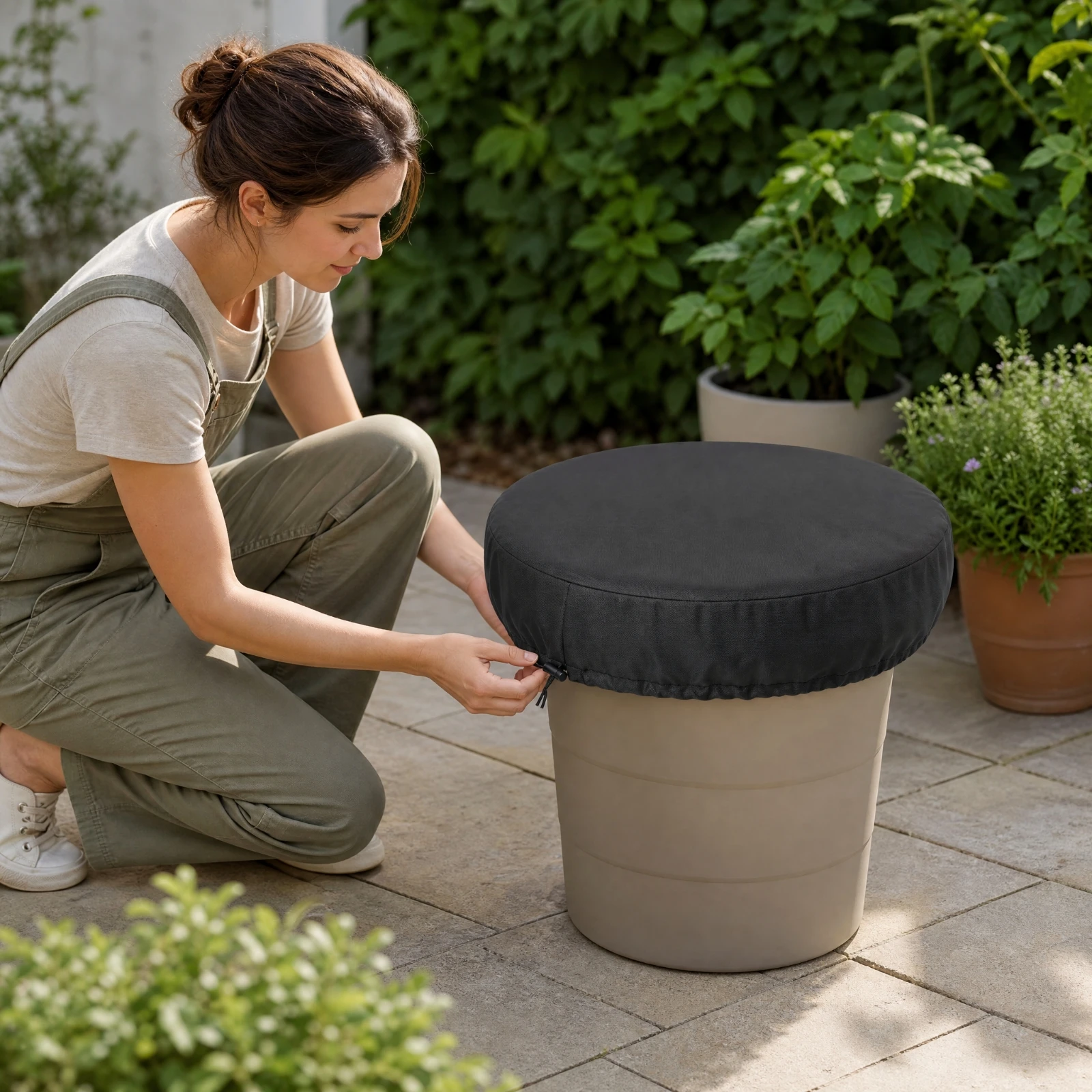Circular Pail Cover with Cord Lock Waterproof Round Pail Cover Dustproof Outdoor for Yard, Garden