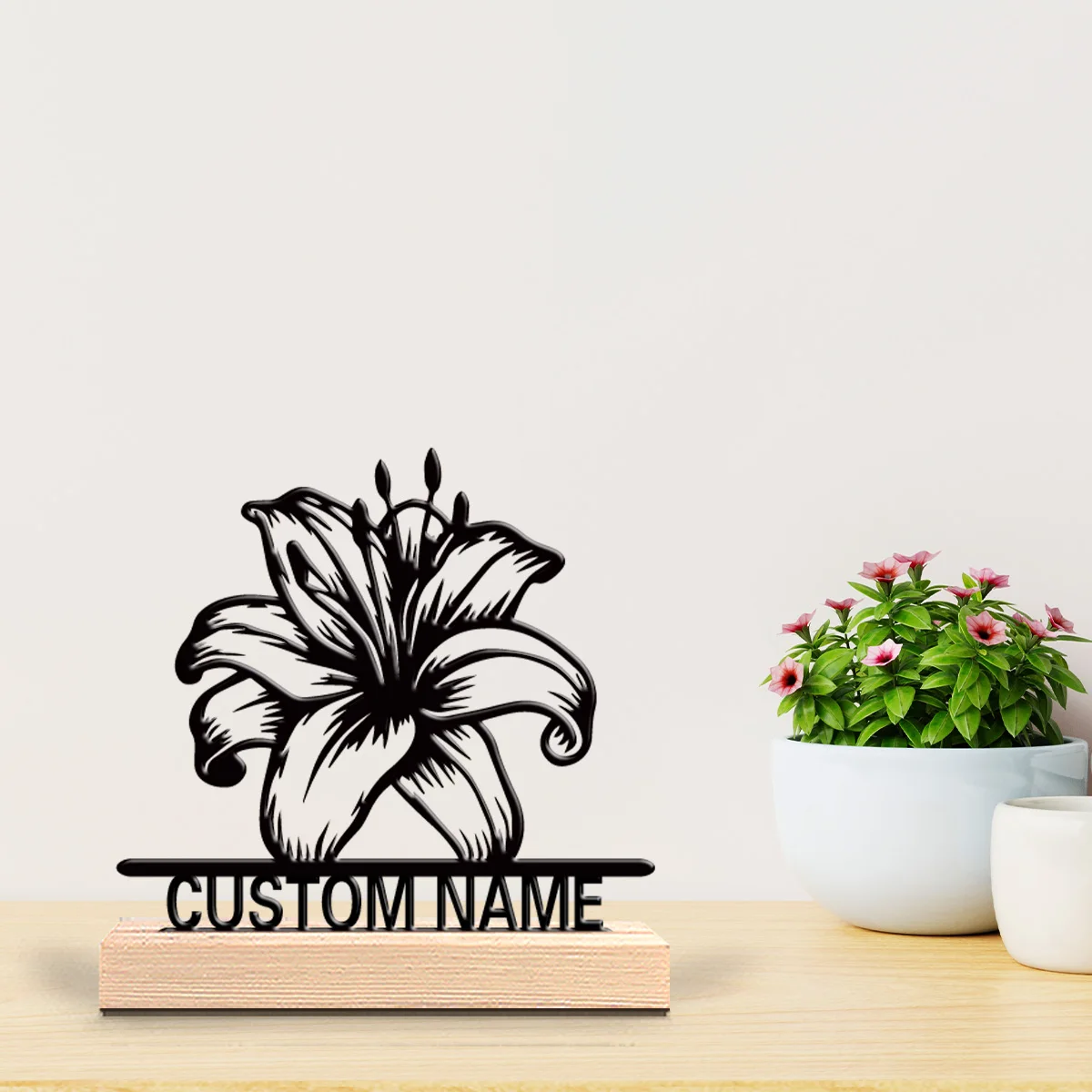 1pc Terror Personalized Custom lily Metal Statues Ocean-Themed Wooden Base Art for Living Room, Office, Minimalist Coastal Decor