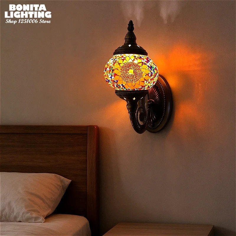 Turkish Moroccan Bronze Mosaic Glass Wall Sconce Handmade Vintage Boho Wall Lamp Bedroom Restaurant Hotel Bathroom Mirror Decor
