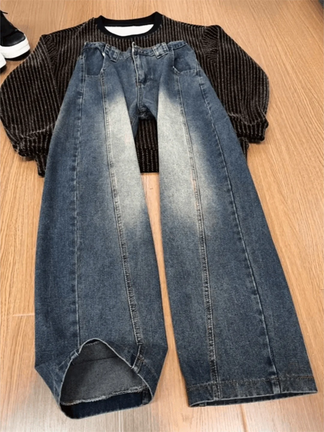 

Retro American Washed Gradient Denim Pants Wide Leg Patchwork Versatile Workwear Spring Autumn New Style Men's Casual Jeans
