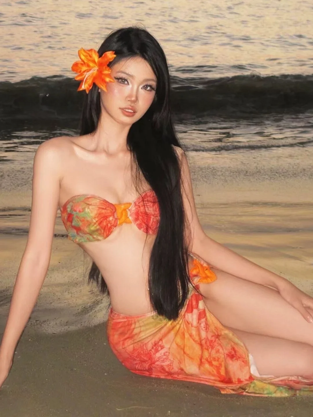 

Sexy Orange Bikini Swimsuit Women's Two-Piece Swimwear Beautiful Strapl Thermal Spring Vaion Sle Gather Small Chest