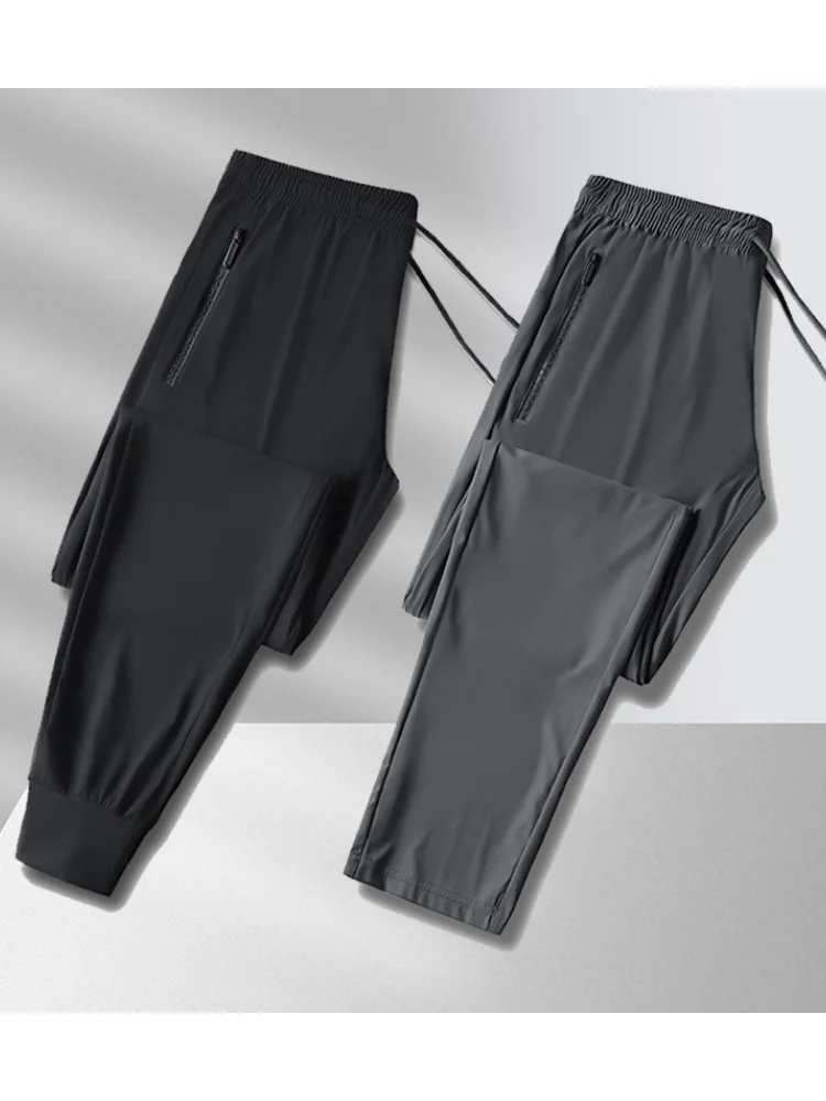 

Summer Ice silk Running Pants Zip Pockets Basketball Wear Thin Daily Jogging Bottoms Basics Sports Trinning Casual Pants Men