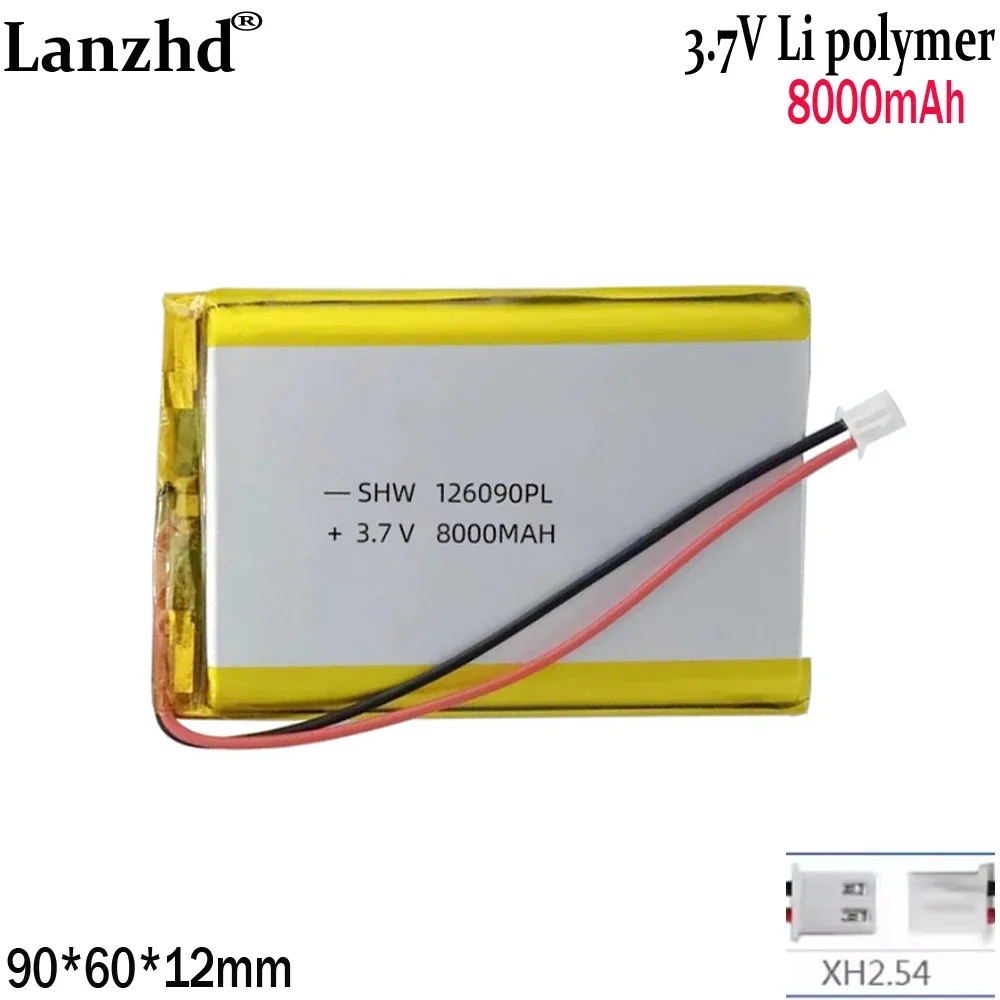 3.7V Li Polymer Lithium Battery 8000mAh for Wireless WiFi Power Bank, Mobile Hand Warmer, Mobile Phones 126090 with 1.25 Plug