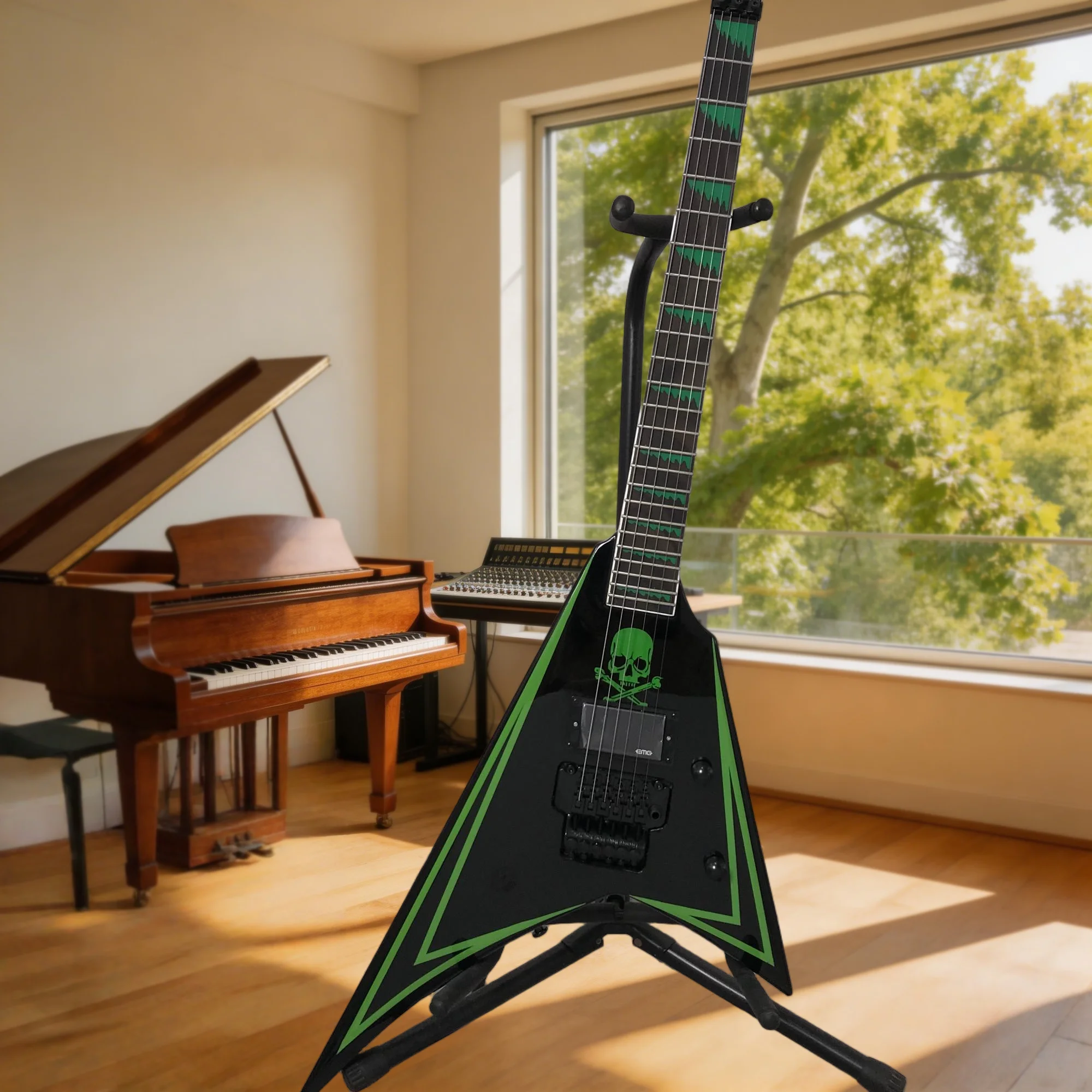 Electric Guita rClassic V-Shape Alien Black Base Striking Green Accents Skull Cross Channeling The Rebellious
