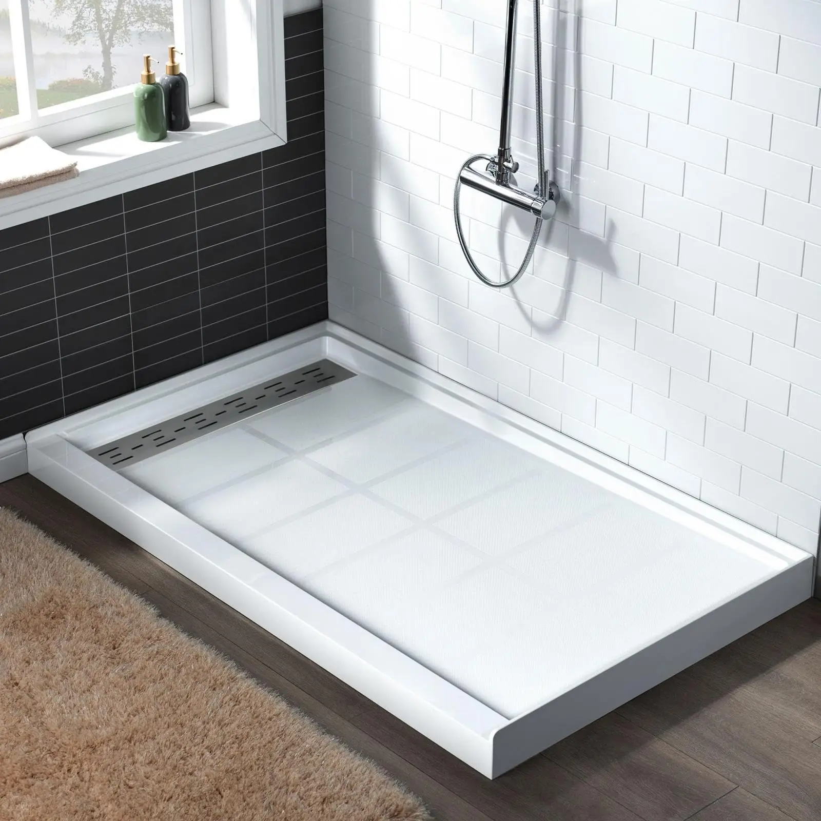 Non-Slip Shower Base, 48 X 32 Inch, Left or Right Drain, Single Threshold Standard Pan, Removable SS304 Square Cover, Easy Installation, 3-Sided Water Barrier, White
