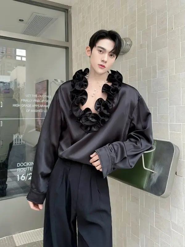 

Romantic V-Neck Lace Collar Long Sleeve Men's Shirt Vintage Court Style Casual Wear Polyester Fiber Full-Size Button-Up Top