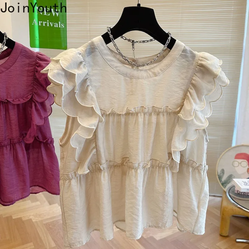 White Camisas De Mujer O-neck Flying Sleeve Blouses for Women Summer Sweet Tops Loose Ruffles Vintage Korean Blouse Shirts 7o178