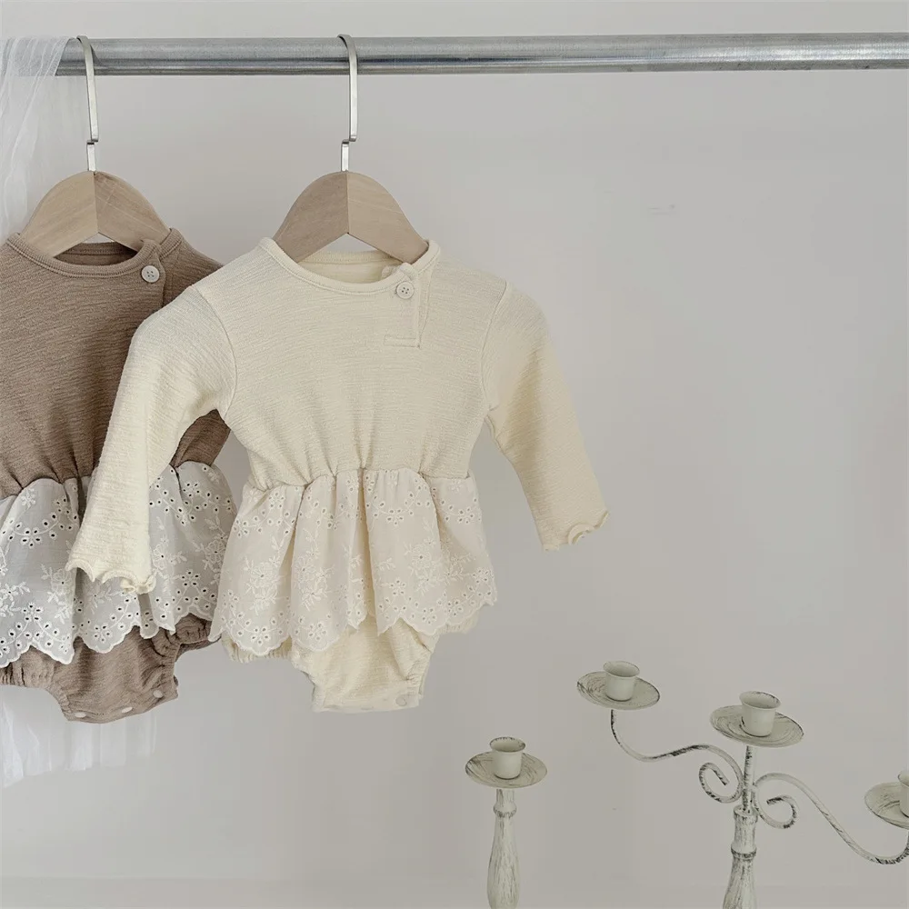 2024 Autumn New Baby Girl Long Sleeve Cotton Bodysuit Newborn Infant Girl Lace Jumpsuit Toddler Solid Vest Baby Outfits 0-24M