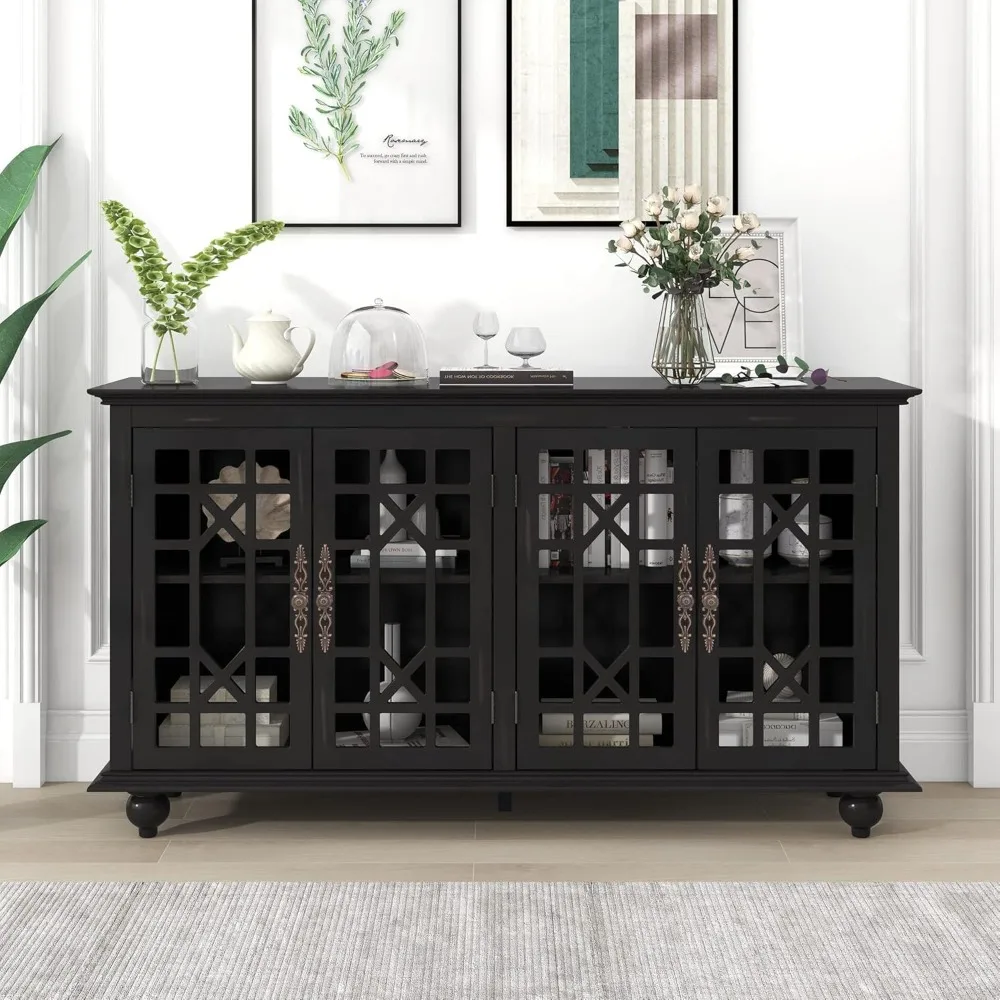 Storage Cabinet, with Adjustable Height Shelves, Metal Handles, and 4 Doors for Living Room, Bedroom, and Hallway, Sideboard