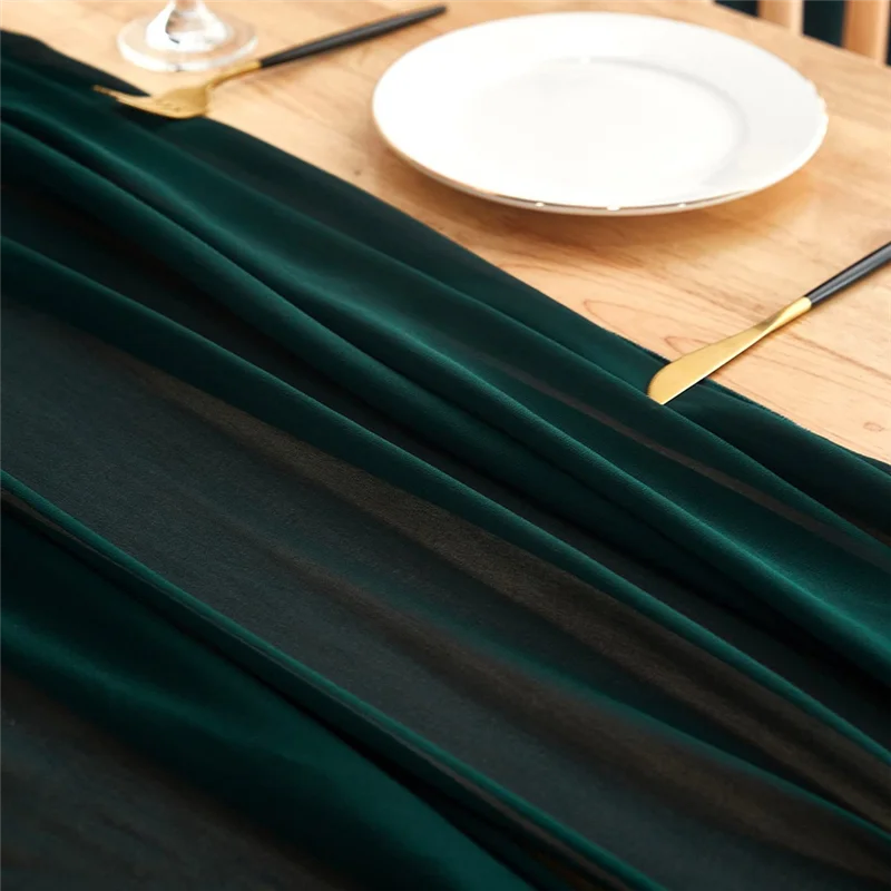 -BOFF 30X300cm مفرش المائدة الشاش الجدول الديكور لحفلات الزفاف الرومانسية مفرش المائدة الشيفون الأخضر الداكن