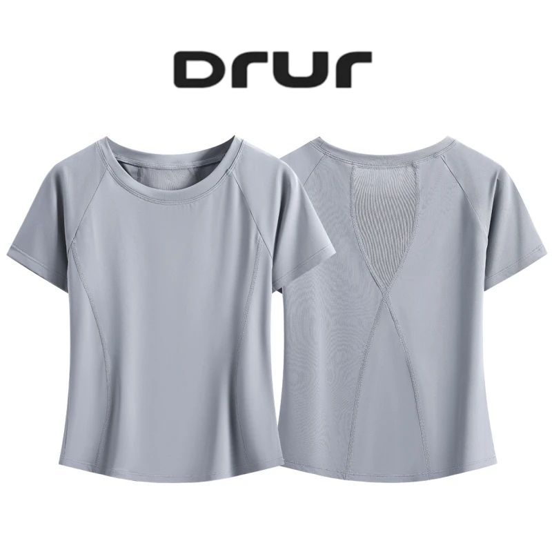 DRUR Women's Seamless Sports T-Shirt With Back Mesh Breathable Short Sleeve Running Top For Gym Running Fitness Loose Sportswear