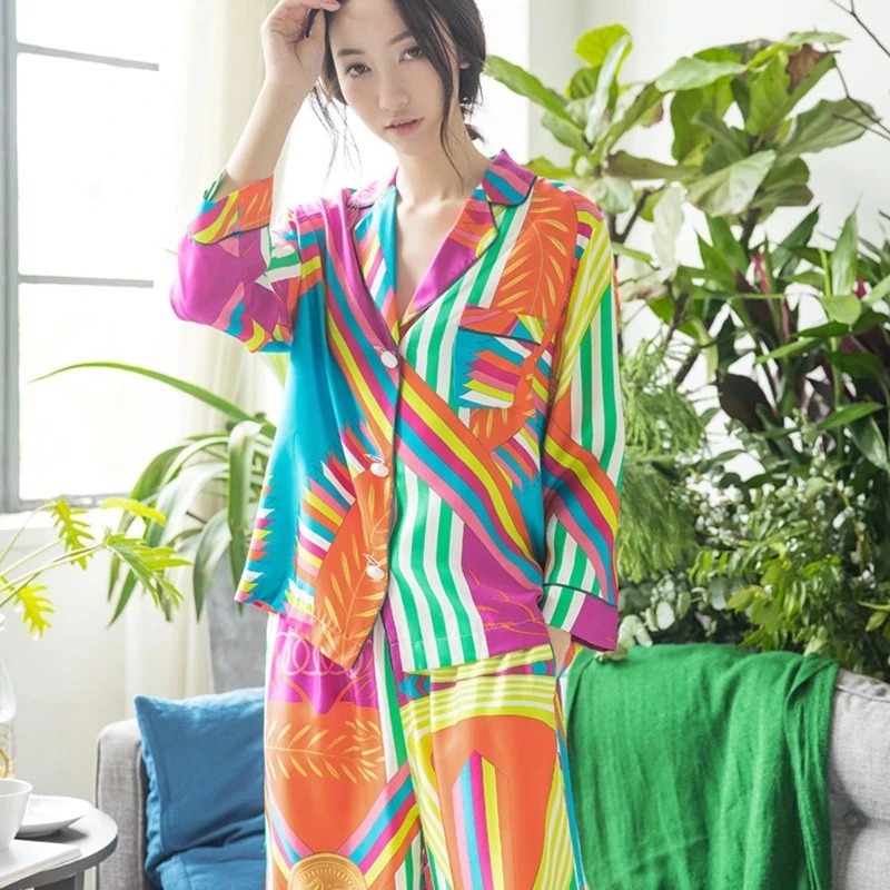 Women Silk Pajamas Autumn Korean Fashion Sleepwear Loose Cardigan Long Sleeves Pants Set 2 Piece Sexy Satin Pyjamas Home Clothes