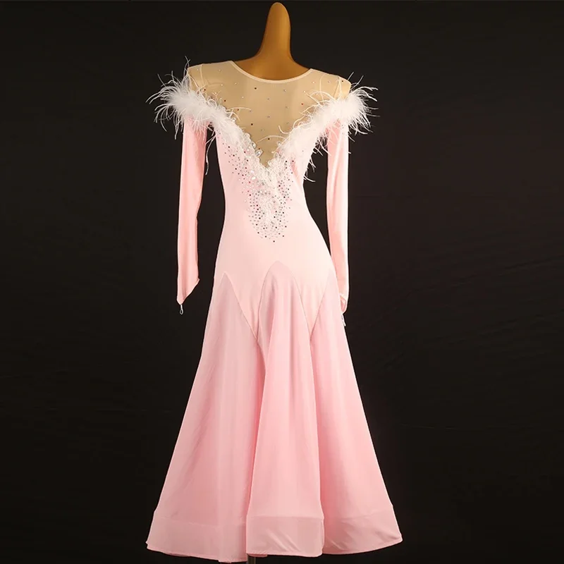Frauen Nationalen Standard Tanz Feder Ärmel Strass Moderne Kleidung Ballroom Dance Wettbewerb Kleid