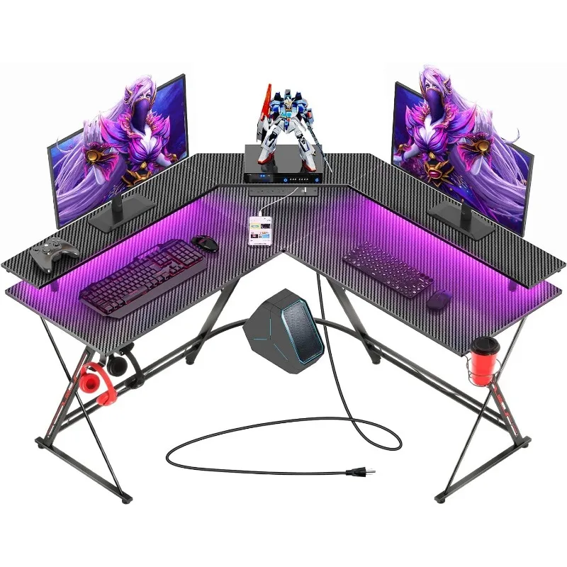 L Shaped Gaming Desks with LED Lights & Power Outlets, 50.4” Computer Desk with Monitor Stand & Carbon Fiber Surface