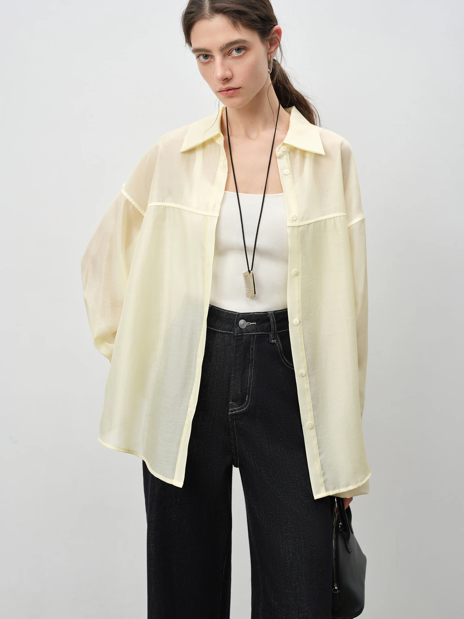 

ZIQIAO Tencel Acetate Physical Sunscreen Shirt Female 2025 Summer New Skin-transparent Lazy Style Shirt 25ZQ92115