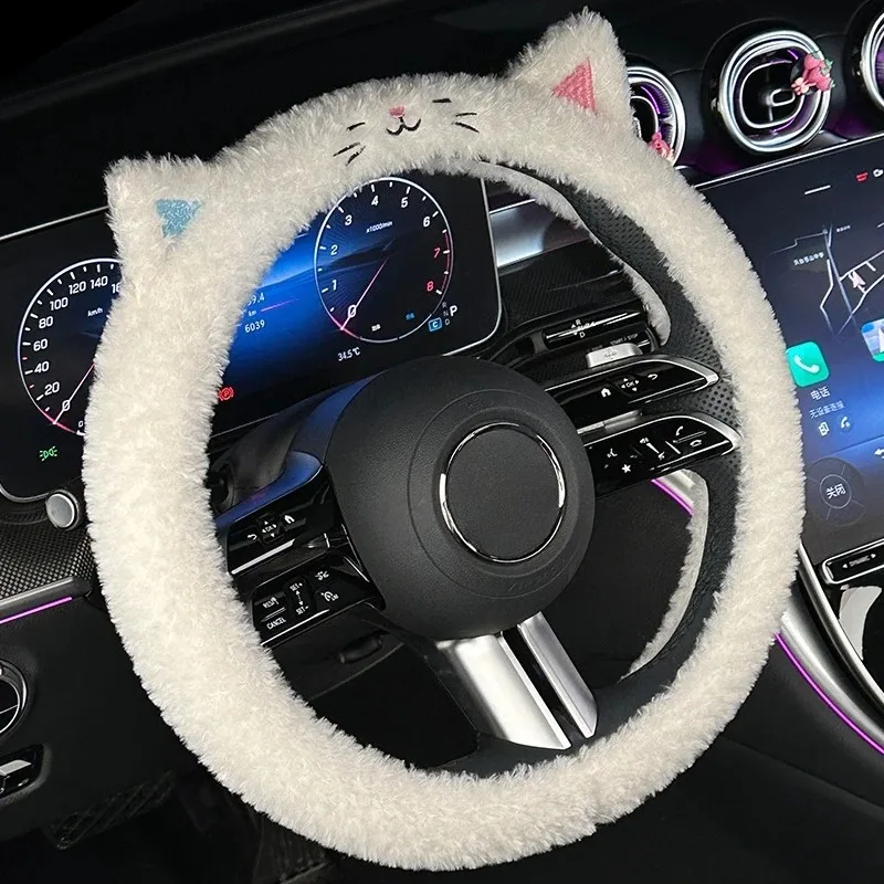 Adorable Plush Kitten Steering Wheel Cover -Warm, Cozy & Non-Slip with Embroidery, Fits 15-Inch Wheels