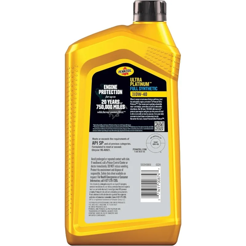 Pennzoil Ultra Platinum Full Synthetic 0W-40 Motor Oil (1 Quart, Case of 6)