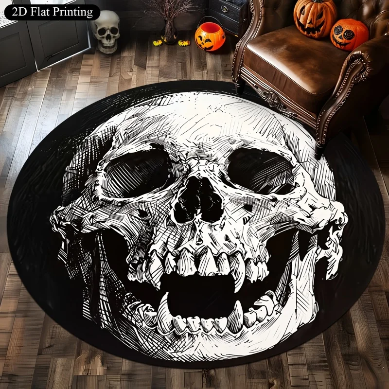 Vintage Gothic Skull Round Area Rug, Ornate Floral‑frame Printed Circular Floor Carpet, Indoor Living Room Home Decor