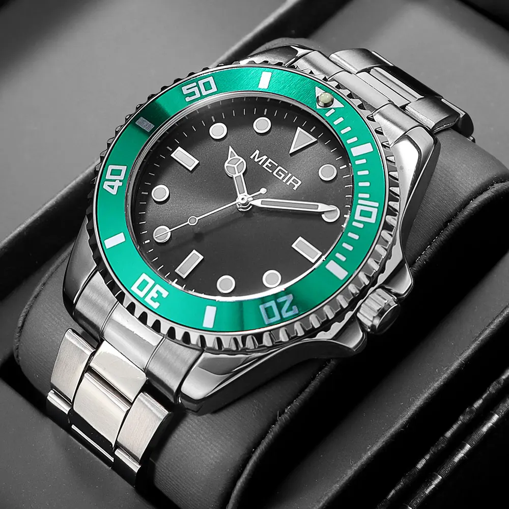 

MEGIR Мужские минималистичные кварцевые часы со светящимися стрелками, календарь и дата, ремешок из нержавеющей стали, простые наручные часы в деловом стиле