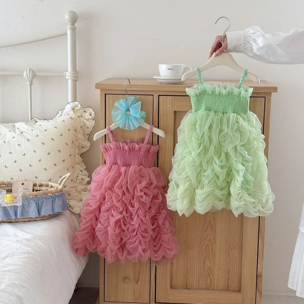 New Summer Girls Mesh Strap Dress, Pink & Green Fluffy Puffy Princess Tutu Dress Fashion Kids Party Skirt for 80-130cm