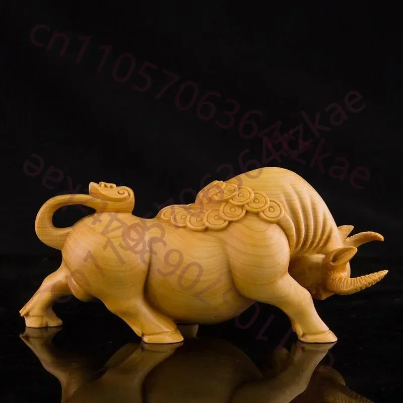 Natural Solid Wood Wealth Fortune Bull Statue Chinese Characteristic Small Statue Cute Home, Room, Office, Car Decoration