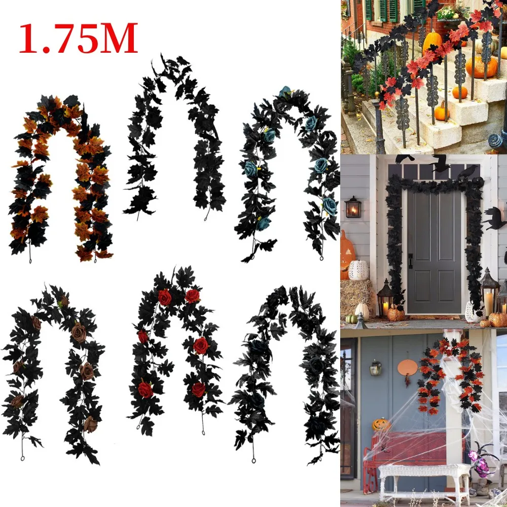 175CM Black Artificial Maple Leaf Vine Autumn Halloween Decoration Outdoor Indoor Wall Hanging Rattan Garden Garland Home Decor