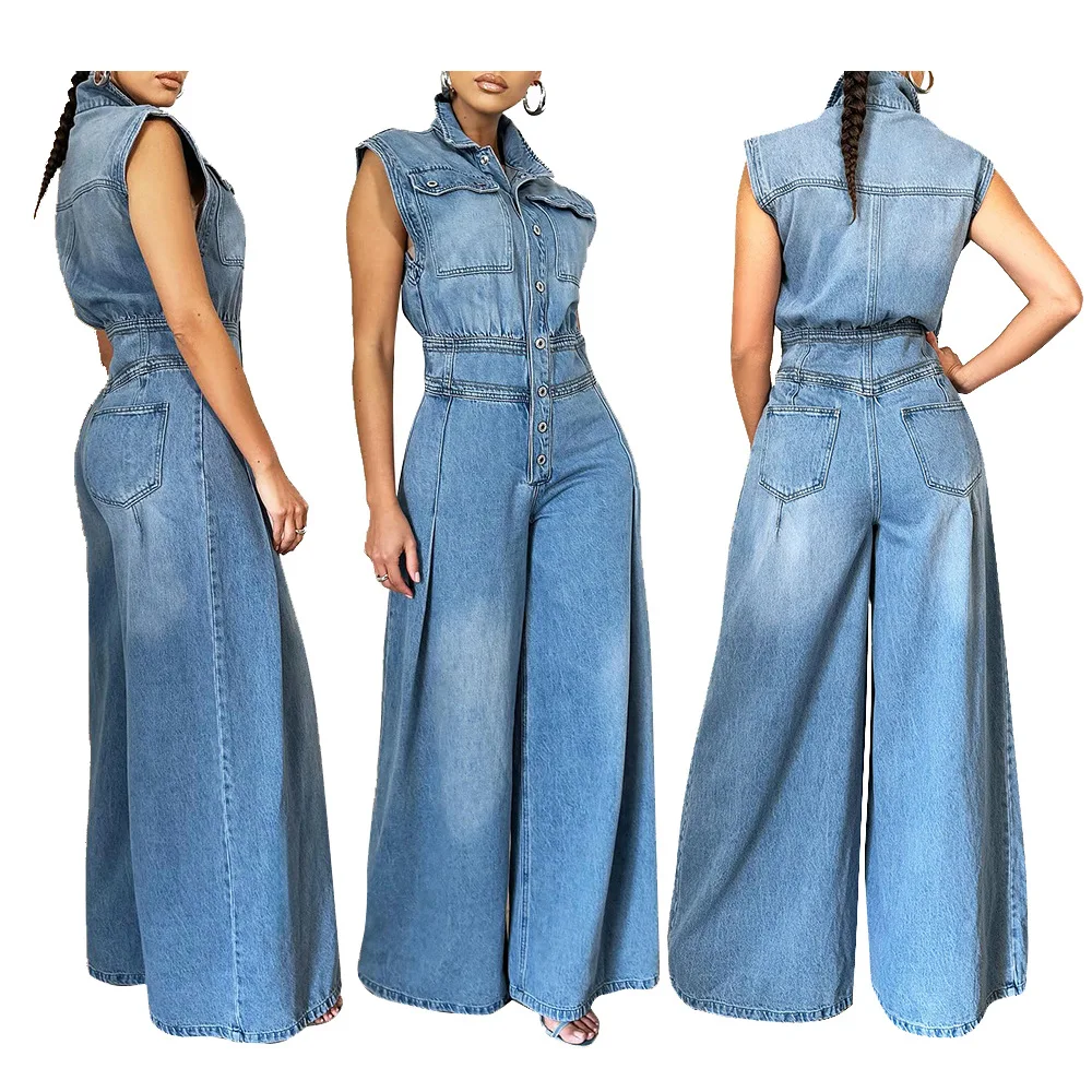 Sleeveless Washed Denim Jumpsuit Women Button Front Elastic Waist Wide Leg Casual Street Overalls